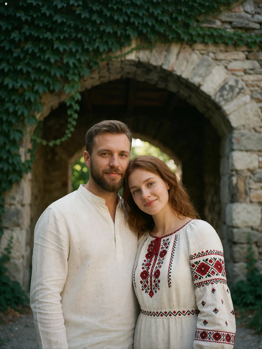 Ukrainian couple under an old stone archway, the woman in a white embroidered linen dress with red folk stitching