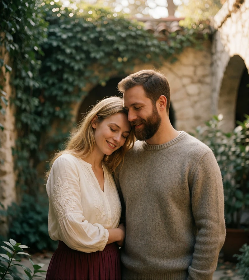 Couple embracing in a stone courtyard, the woman in a white embroidered blouse resting on her partner's shoulder
