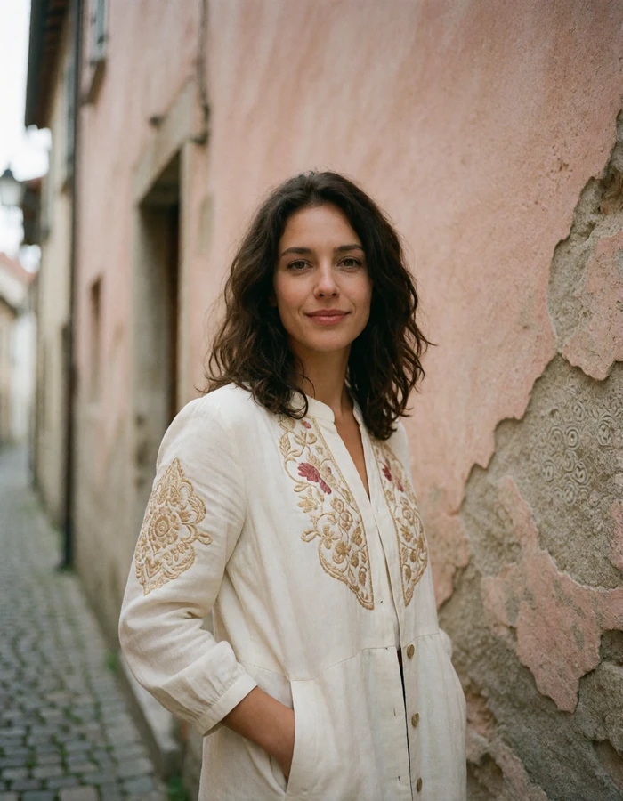 Slovak woman with wavy dark brown hair standing against a pastel plaster wall in an old town street, verified profile photo