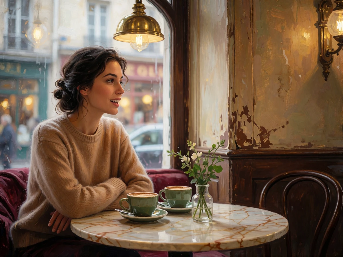 Woman with dark hair in a low twist leaning forward and talking animatedly at a marble café table in an old-town café