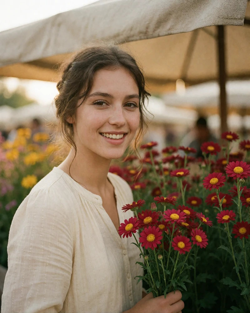 Romanian woman holding a small bunch of red field flowers beside a market stall, verified profile photo