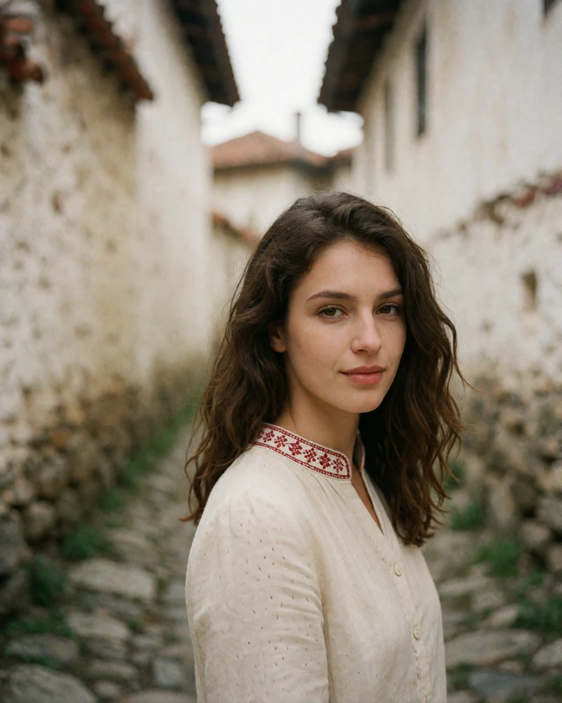 Bulgarian woman with wavy brown hair in a cream embroidered blouse standing in a stone village lane, verified profile photo