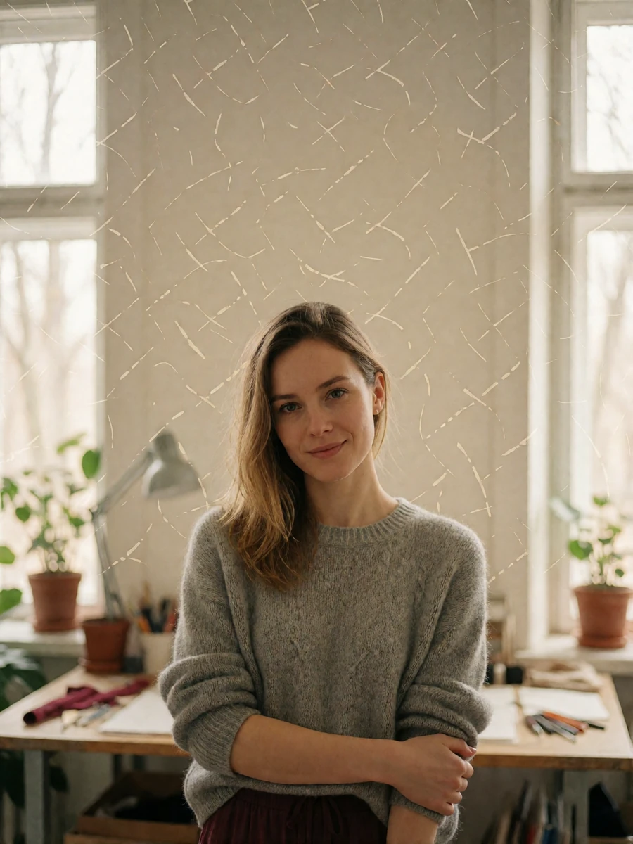 Russian woman in a grey knit sweater standing confidently in her own small design studio