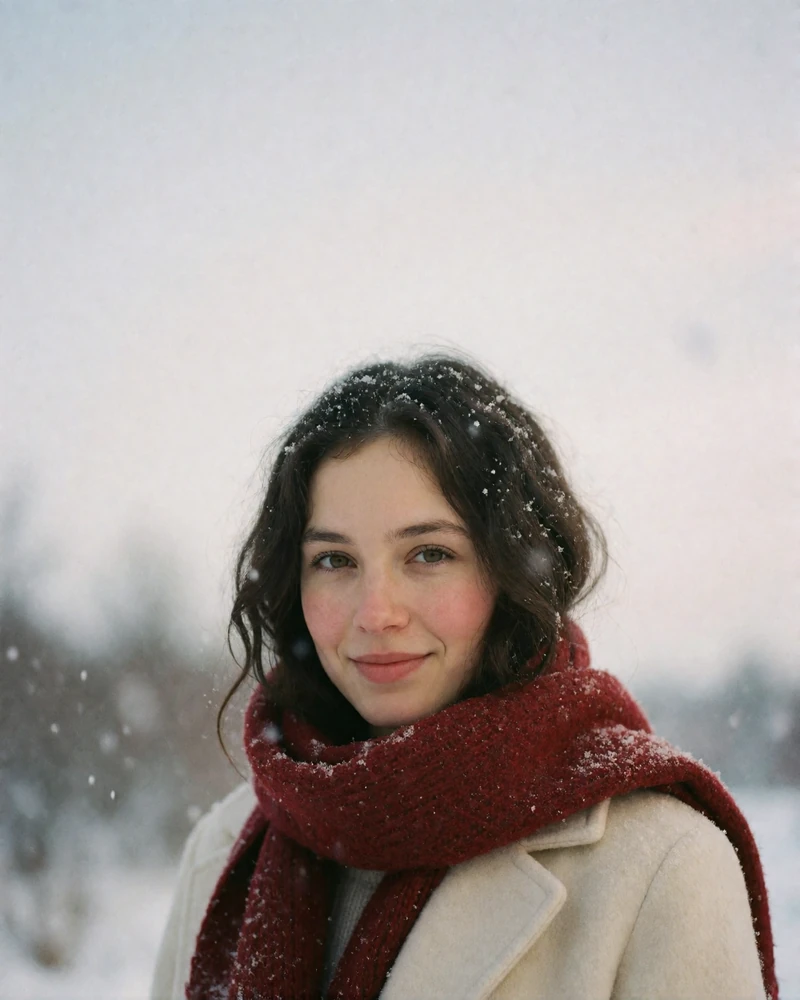 Russian woman in a red wool scarf smiling in falling snow, verified member portrait