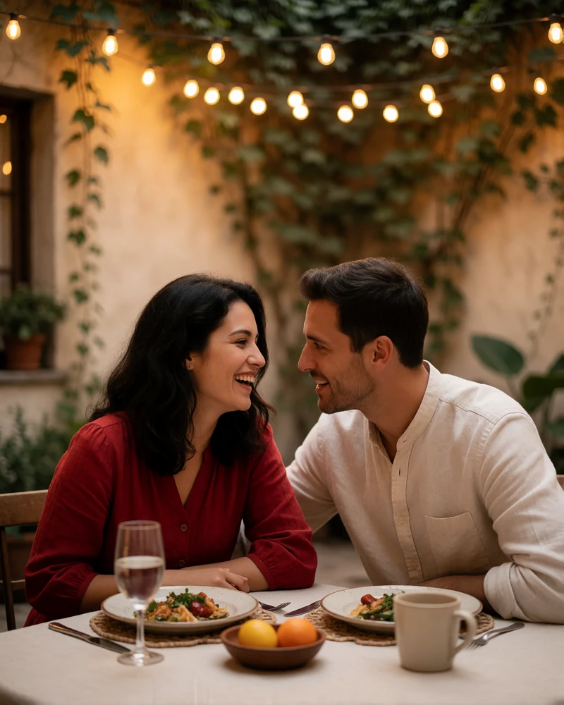 Couple seated at a small courtyard dinner table with warm string lights, the woman laughing as her partner leans toward her
