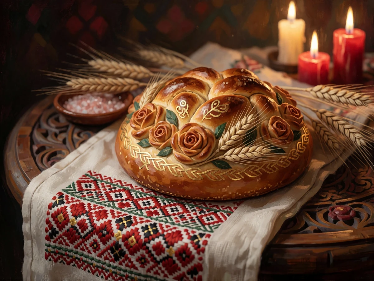 Golden braided karavai ceremonial wedding bread decorated with dough roses and wheat, a Slavic wedding tradition