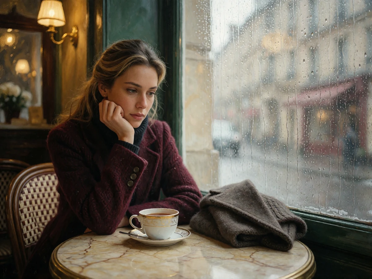 Woman sitting alone at a marble cafe table with a guarded expression beside a rain-streaked window
