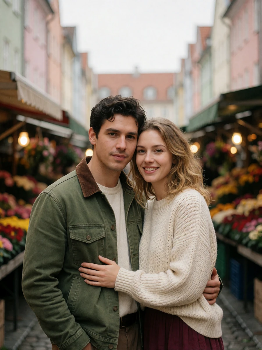 Couple standing together on a narrow Polish market street lined with pastel facades