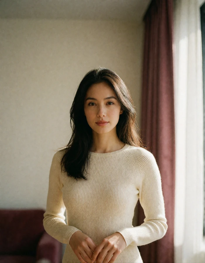 Slovak woman with long dark hair standing calmly in a sunlit modern apartment, verified profile photo