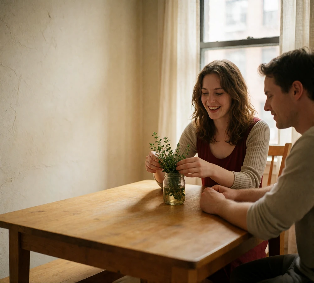 Czech woman laughing softly at a sunlit wooden kitchen table while arranging a sprig of herbs
