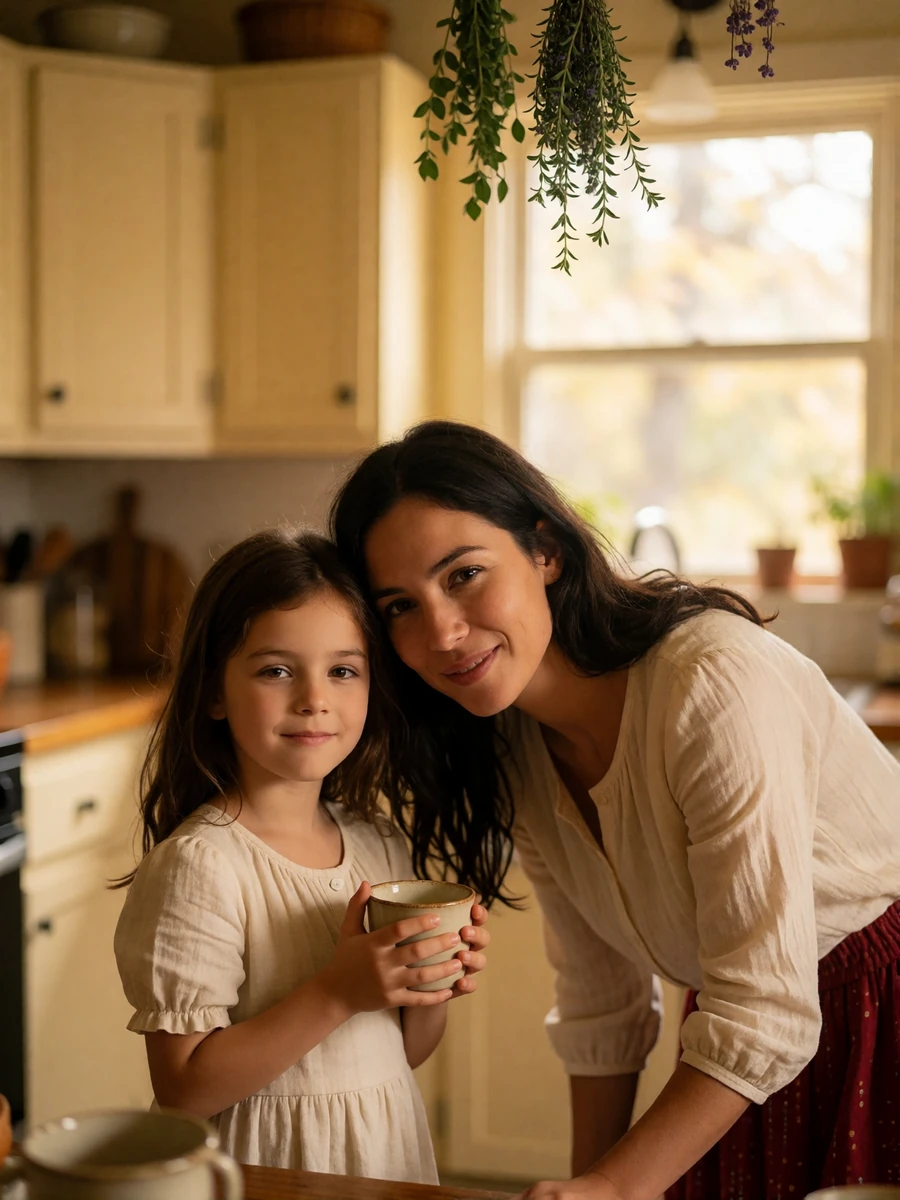 Mother and young daughter smiling together in a warm home kitchen over tea