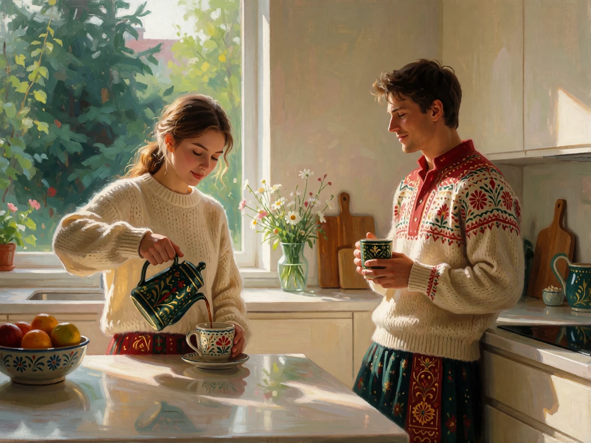 Couple sharing morning coffee together in a sunlit kitchen of their new home after relocating internationally