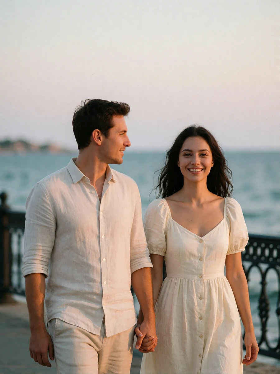 Couple walking hand in hand along a Black Sea promenade in warm evening light