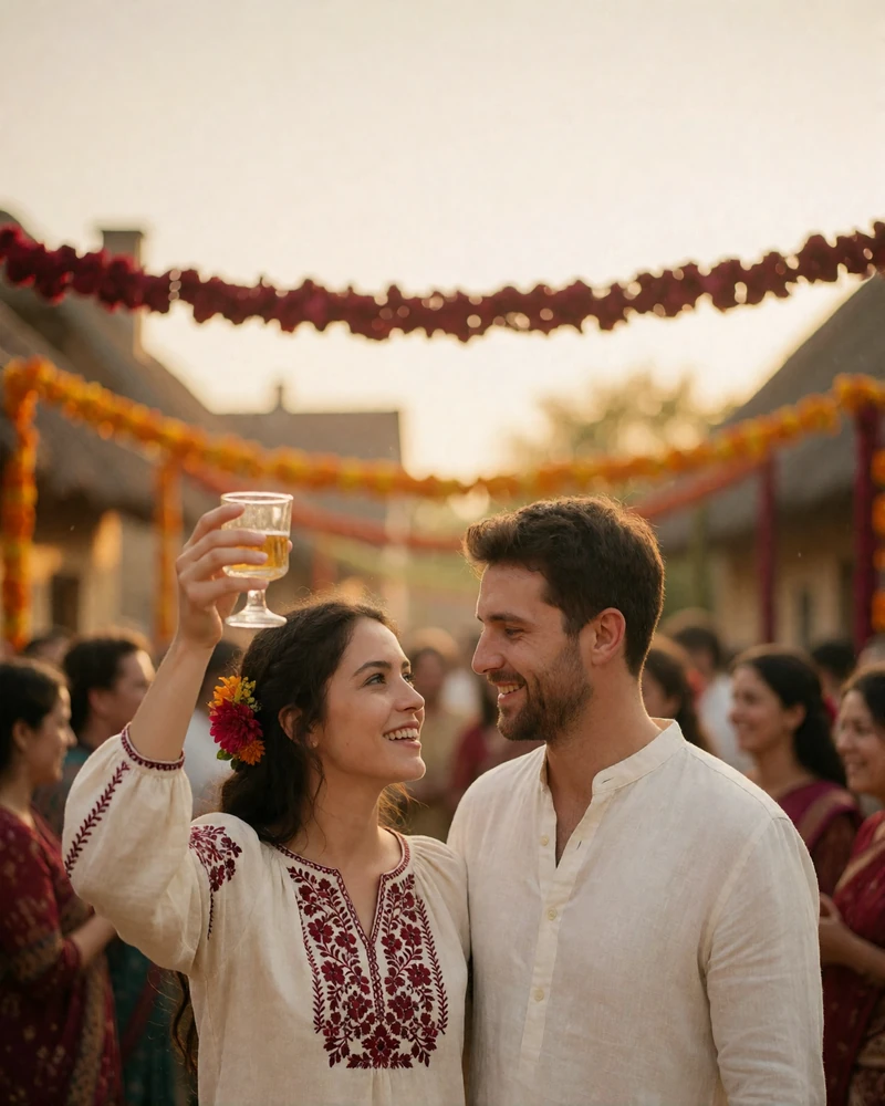 Couple smiling at each other at an outdoor village celebration, the woman in a white embroidered blouse raising a small glass