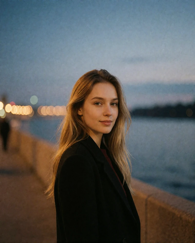 Russian woman in a black coat on a riverside promenade at dusk, verified member portrait