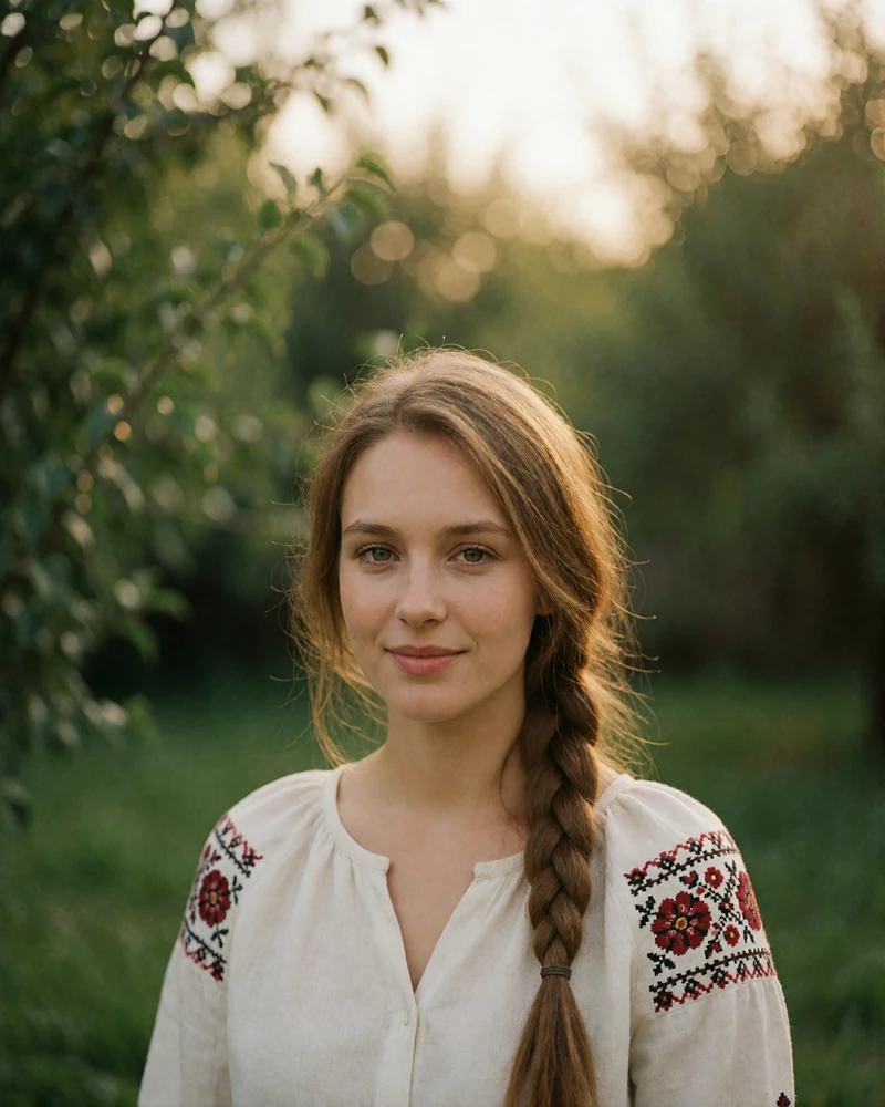 Ukrainian woman with a chestnut side braid in a white blouse with red folk embroidery, verified member portrait