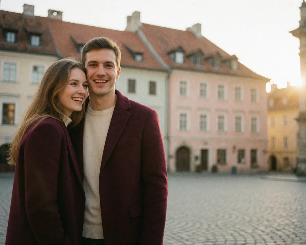 Couple laughing together at dusk on a quiet old European square, the woman in a burgundy coat