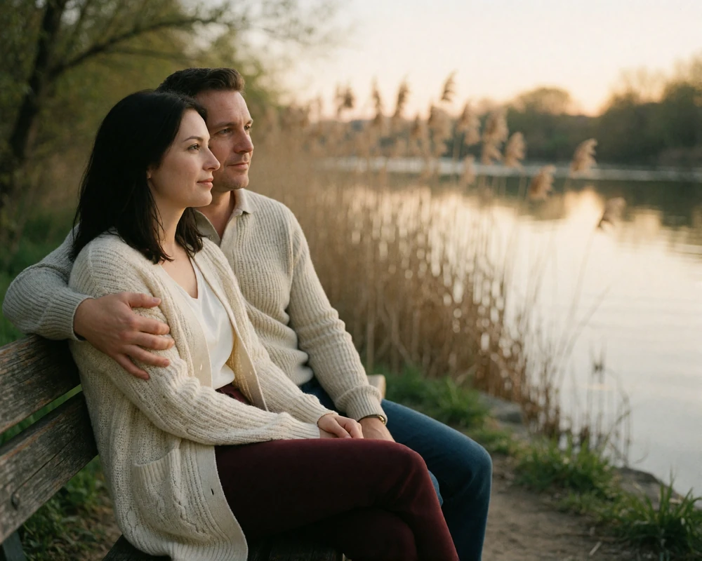 Couple sitting together on a bench beside a calm river at golden hour