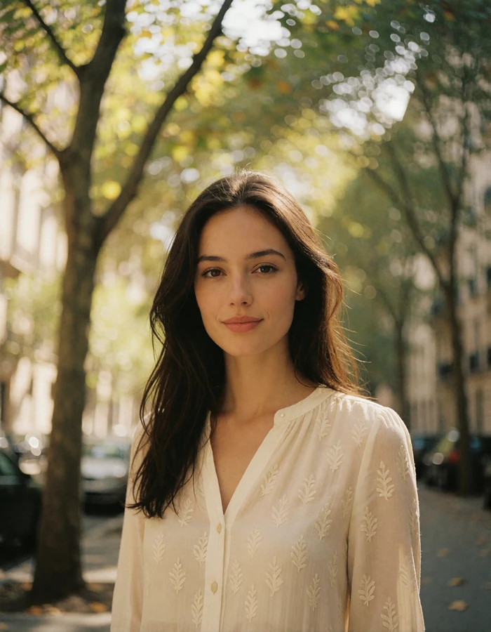 Moldovan woman with long dark hair on a tree-lined boulevard in Chișinău, verified profile portrait