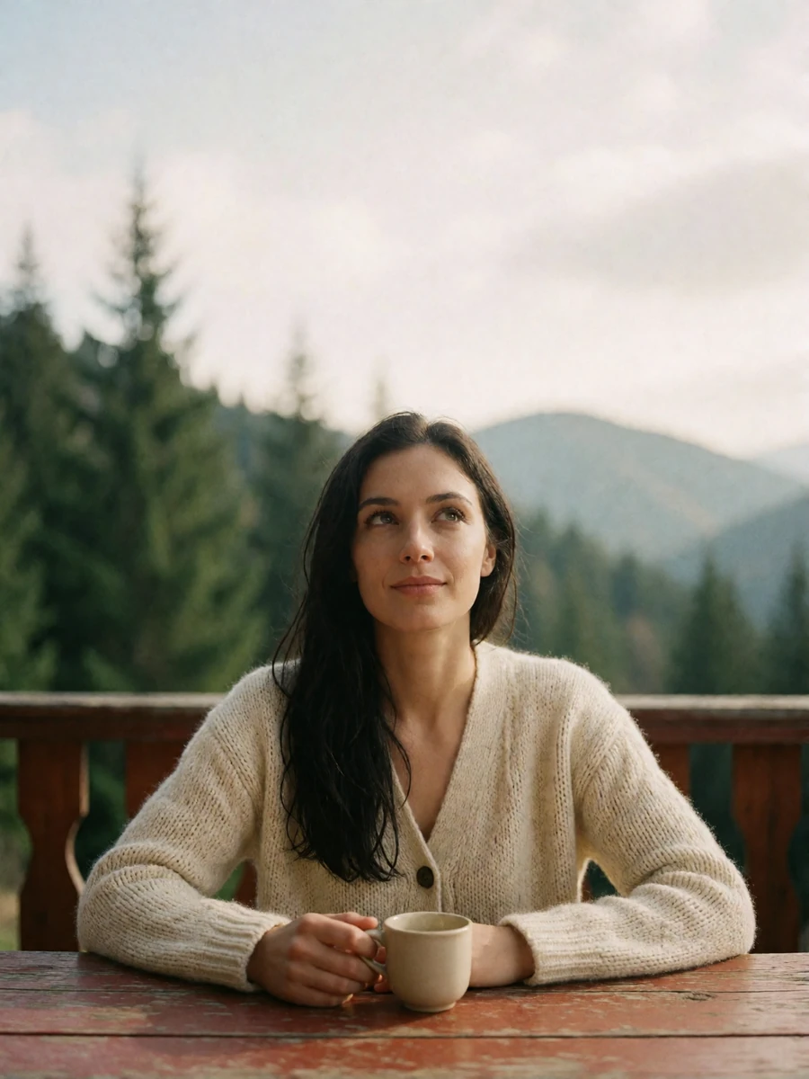 Romanian woman in a cream cardigan seated at a wooden mountain terrace table, looking up with a gentle smile