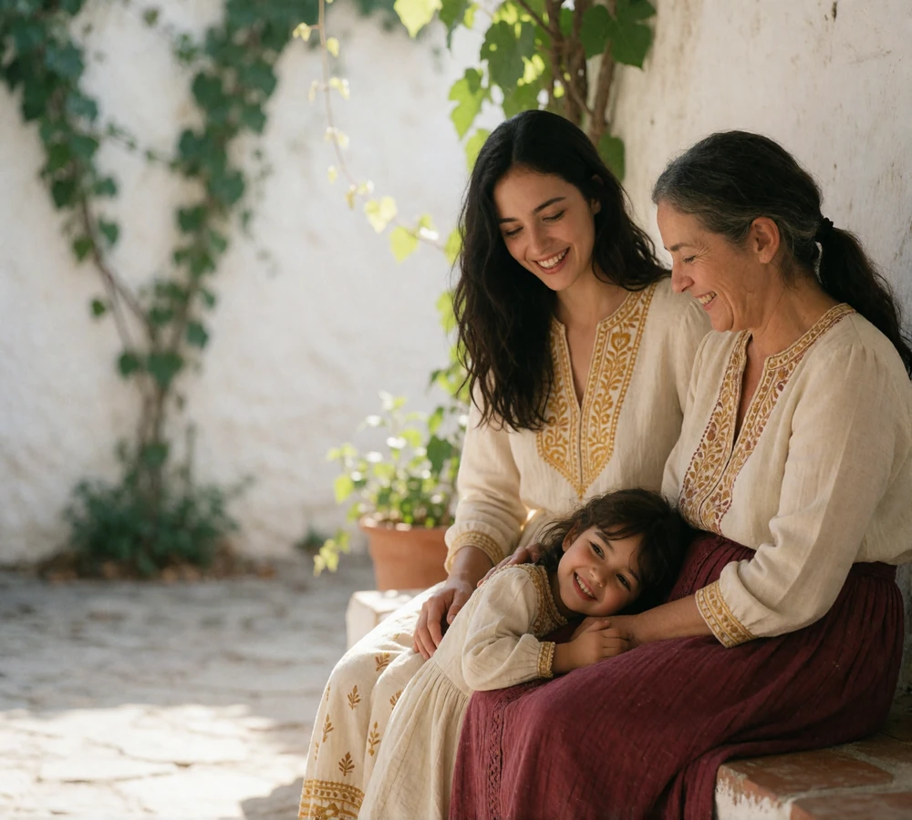 Three generations of a Moldovan family laughing together in a village courtyard