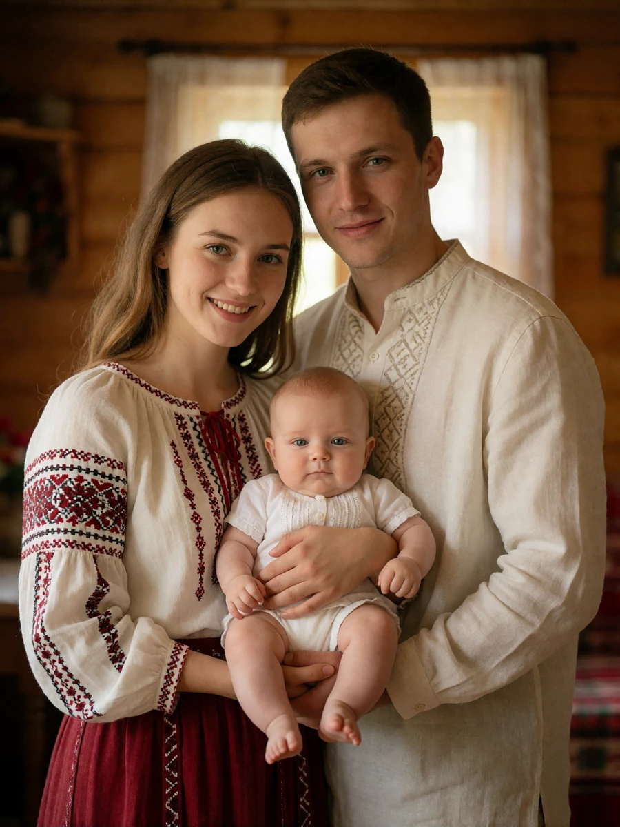 Young Ukrainian couple in embroidered folk clothing holding their baby in a warm rustic room