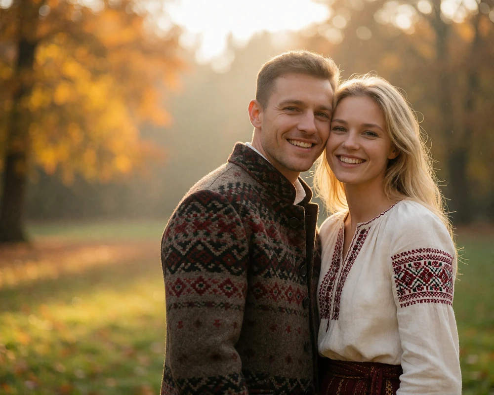 Couple standing cheek to cheek in a blurred autumn park, the woman in a white embroidered blouse