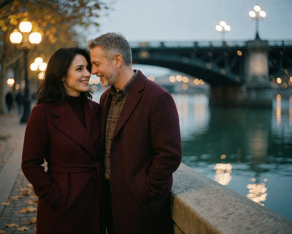 Couple standing close together on a riverside promenade at dusk with bridge lights in the background