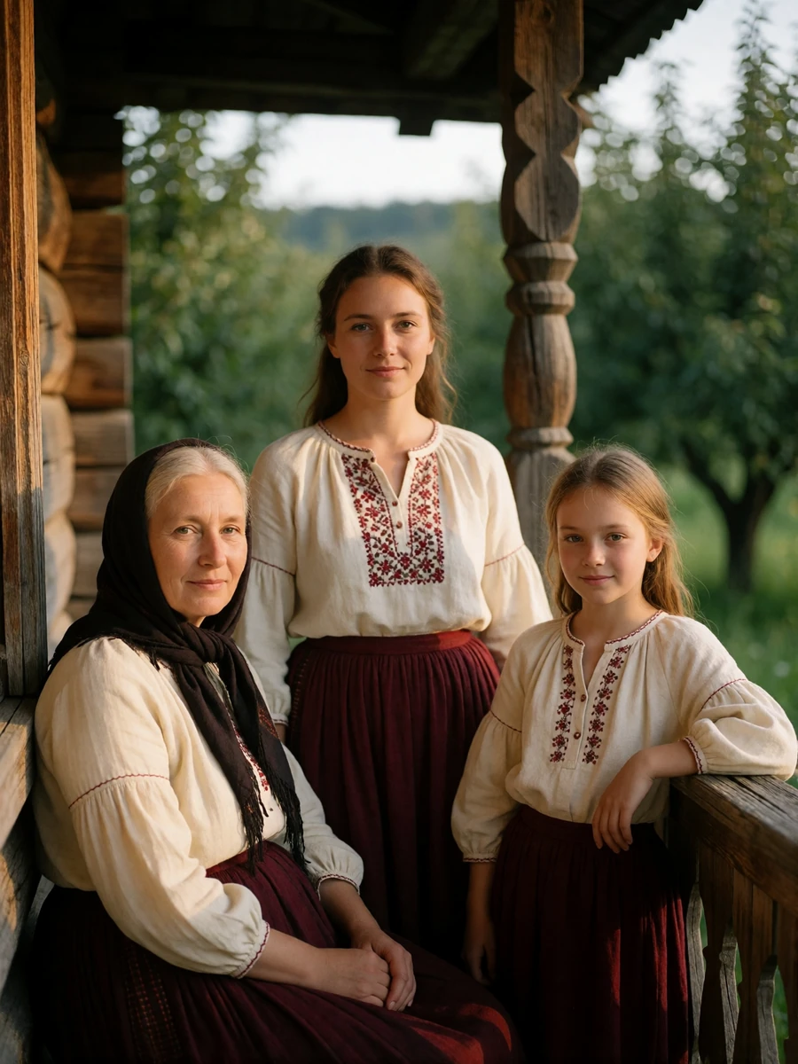 Three generations of Romanian women together on a wooden village porch, smiling toward the camera