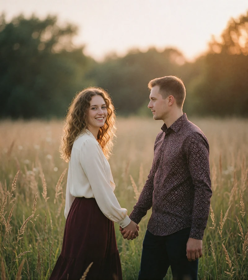 Couple walking hand in hand through a golden meadow at sunset during a first visit