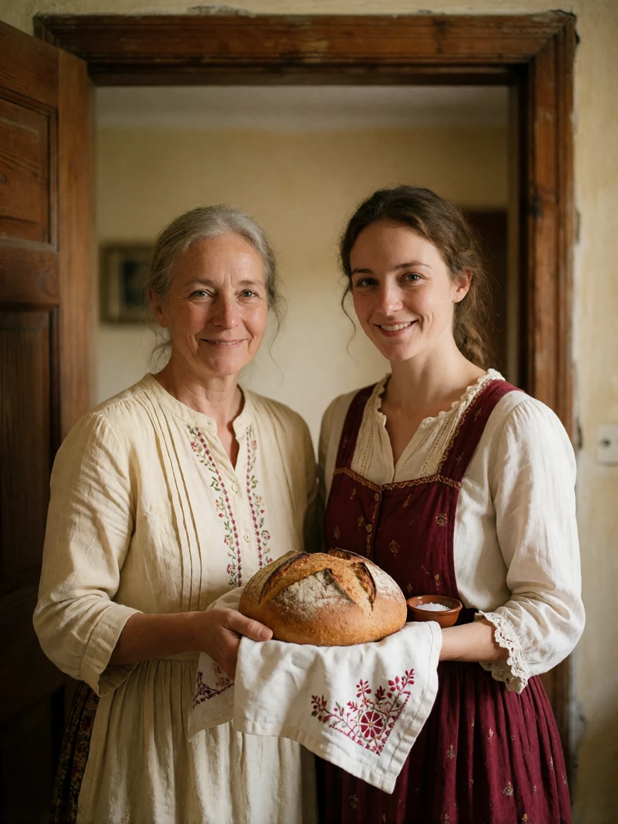 Two women holding a loaf of bread and salt at a home doorway, a traditional Polish welcome
