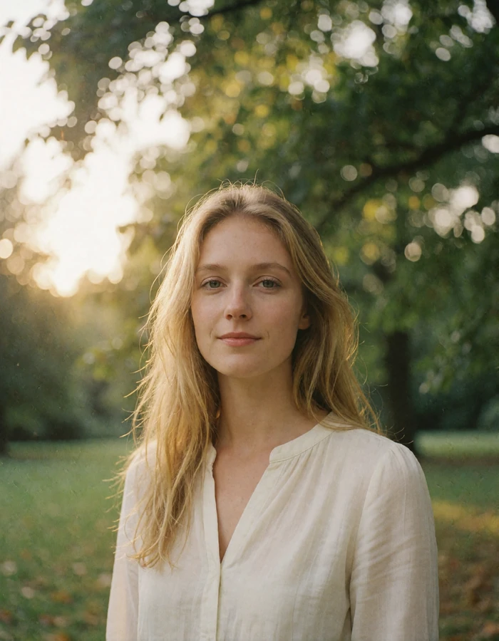 Belarusian woman with long light blonde hair in a white blouse in a leafy park, verified member portrait