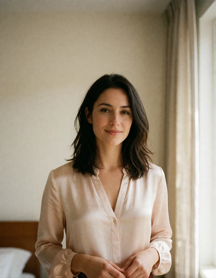 Hungarian woman in a blush blouse in a bright modern apartment, verified profile photo
