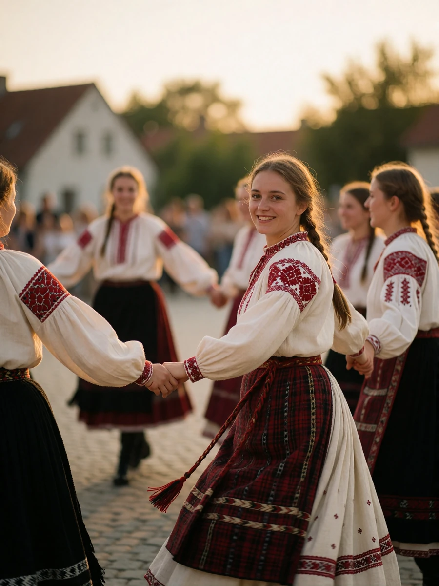 Women in traditional red and black embroidered folk dress holding hands in an open-air Bulgarian circle dance