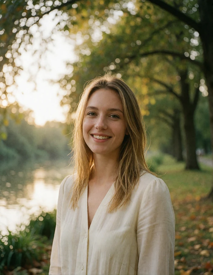 Slovak woman with dark blonde hair smiling in a leafy riverside park, verified member portrait