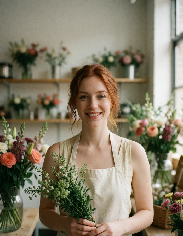 Slovak woman with reddish-brown hair holding fresh greenery in a bright flower workshop, verified member portrait