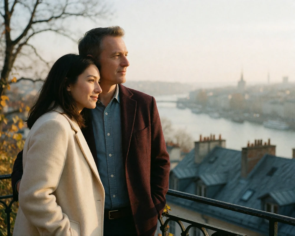Couple standing together on a hillside terrace overlooking a blurred river city at sunset, the woman resting her head on the man's shoulder