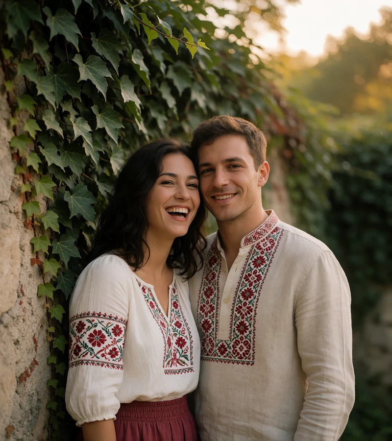Couple laughing together beside an ivy-covered stone wall, both wearing folk embroidered shirts