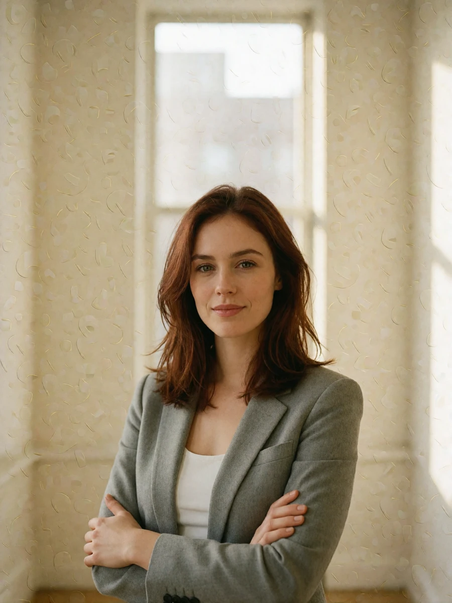 Slovak woman in a grey blazer standing confidently in a bright minimal workspace, meeting the camera with a composed smile