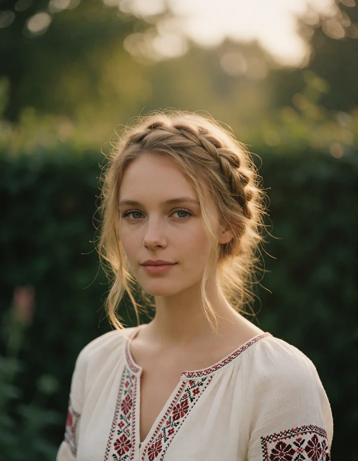 Blonde Slavic woman with a crown braid in an embroidered white blouse, verified member profile portrait