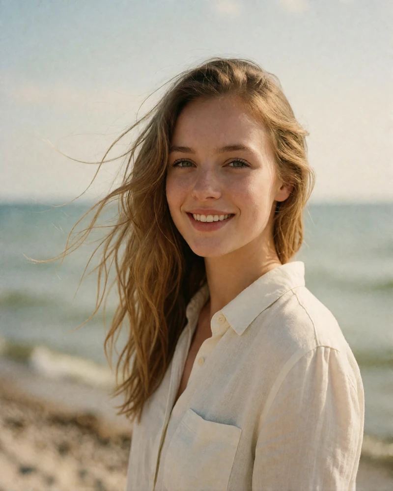 Polish woman with wind-lifted hair smiling on a Baltic shore, verified profile photo