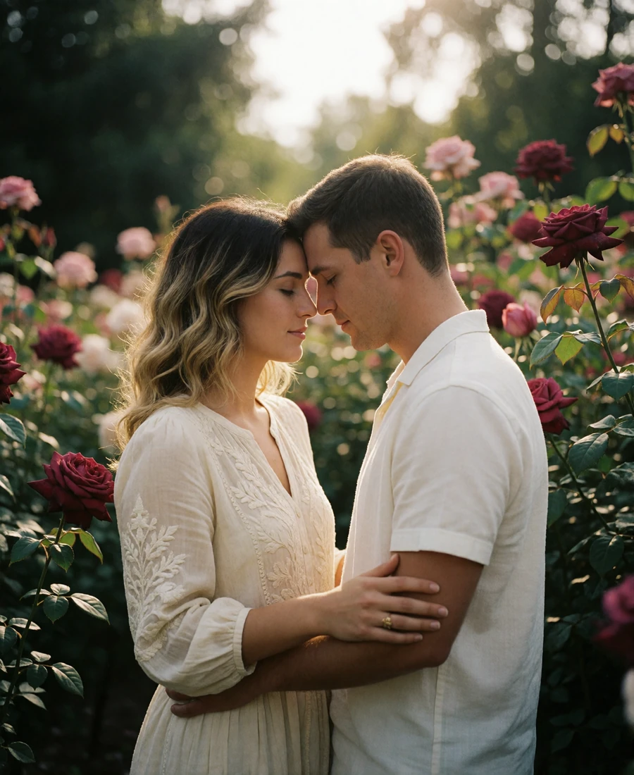 Couple standing close together in a blooming garden, foreheads nearly touching, both smiling softly