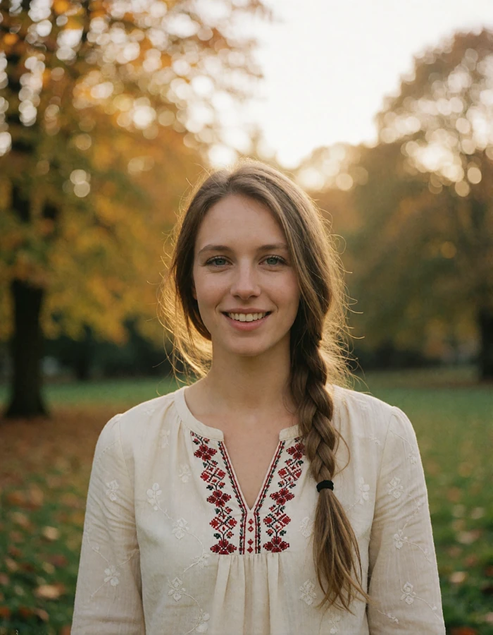 Smiling Czech woman with a light brown braid in a cream embroidered blouse, verified member portrait from Prague