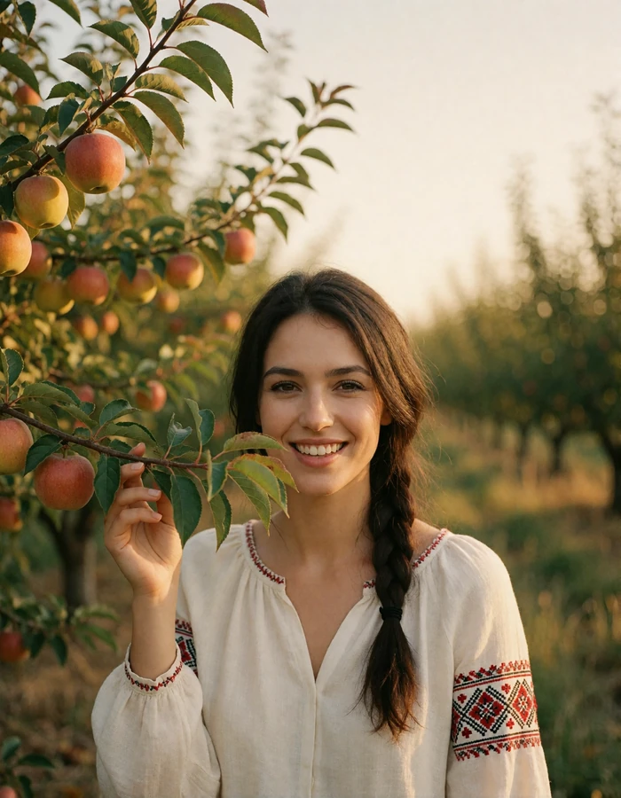 Moldovan woman with a braid smiling in a sunlit orchard, verified profile portrait