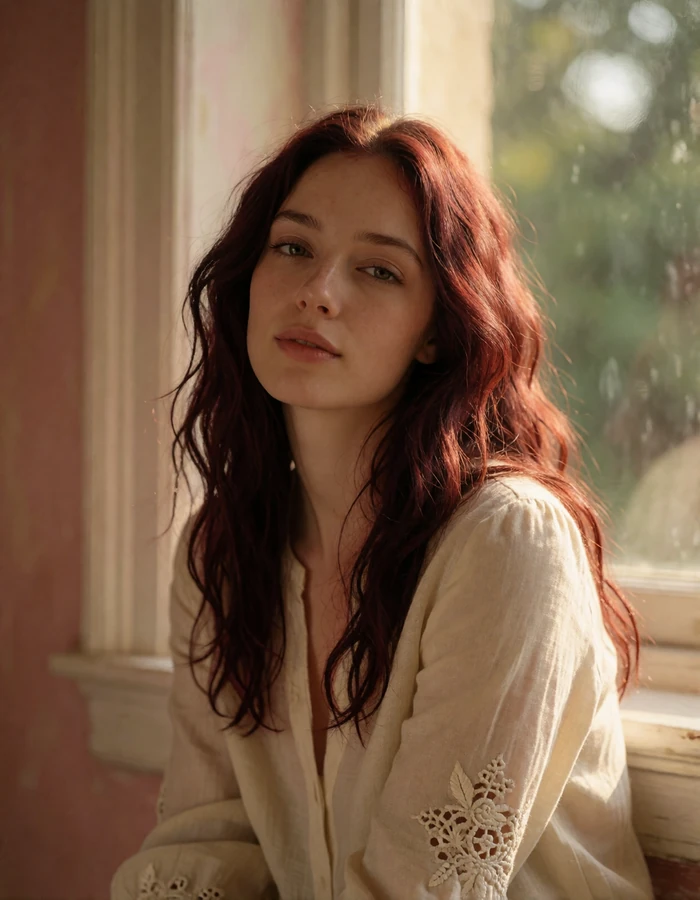 Auburn-haired Slavic woman by a sunlit window in a linen blouse, verified dating profile photo