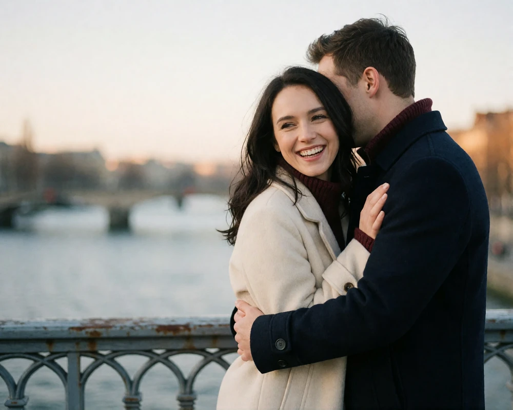 Couple embracing at the end of a city bridge in late afternoon light