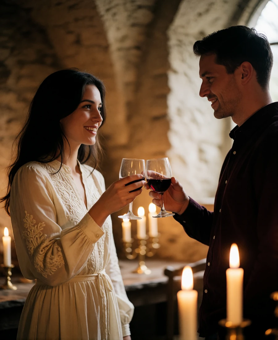 Couple raising glasses together in a candlelit stone wine cellar