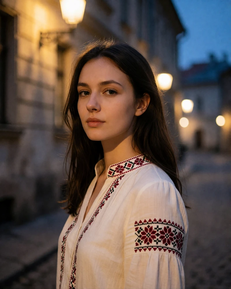 Ukrainian woman with dark brown hair in a white blouse with red collar embroidery on a quiet European street, verified profile photo