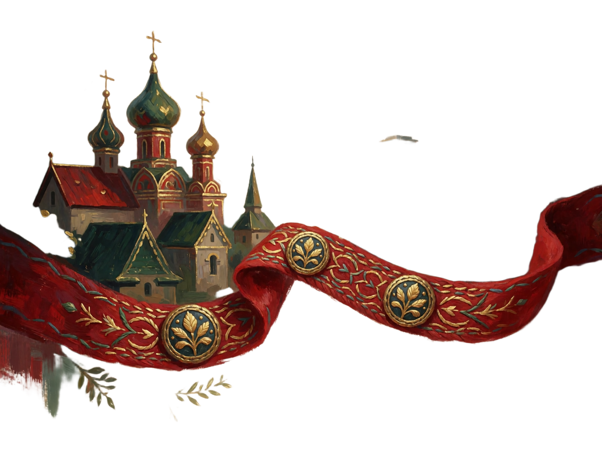 Two small painted cityscapes linked by a crimson ribbon with gold folk embroidery, symbolizing a long-distance relationship
