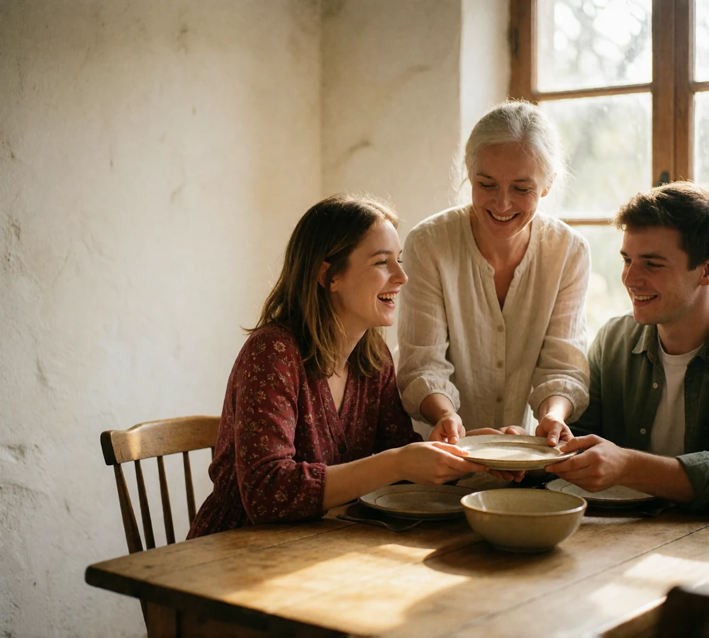 Three generations of a Slovak family gathered around a wooden table in a sunlit country kitchen, sharing a simple meal together